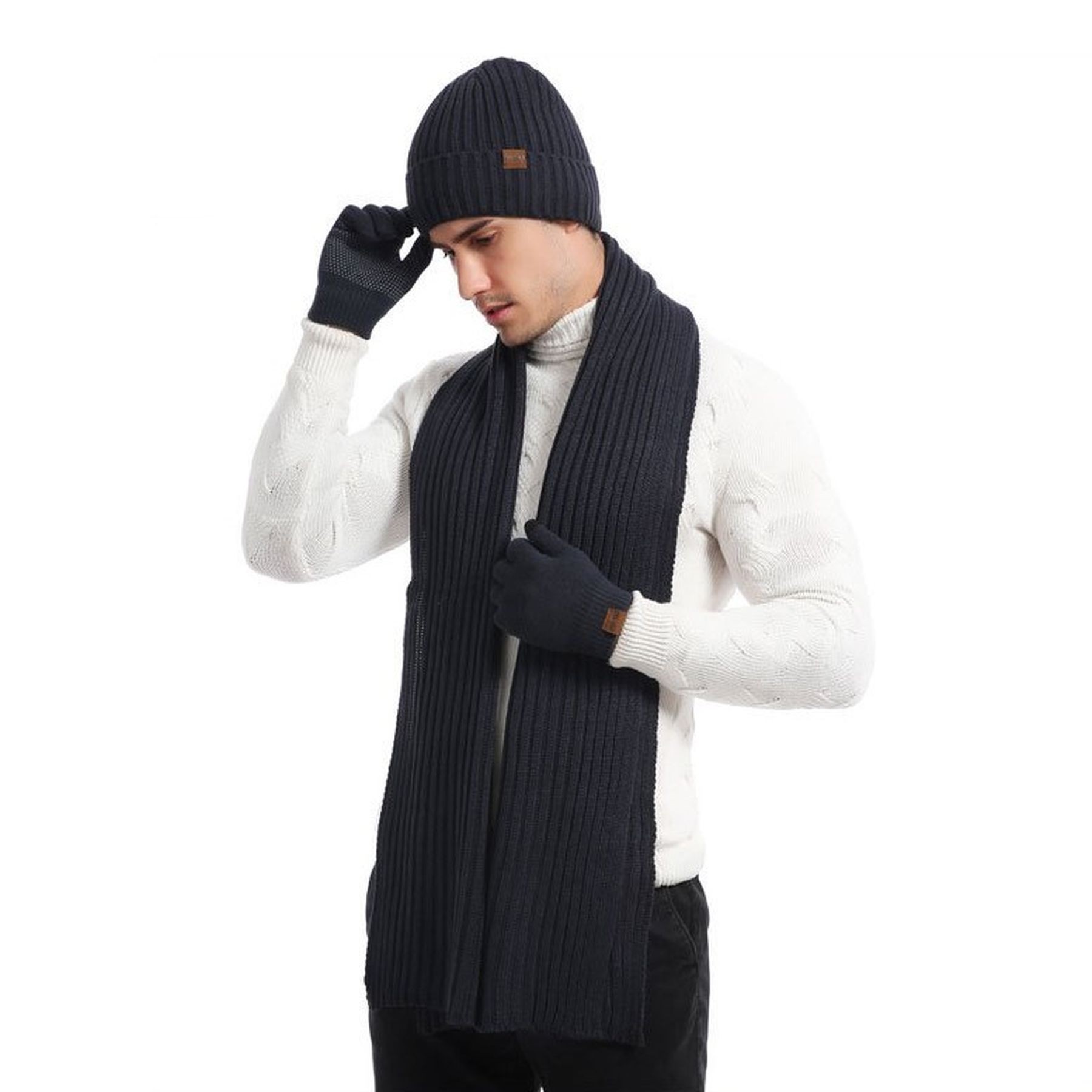 Winter Beanie Hat Warmer Long Scarf Touchscreen Gloves Set 12