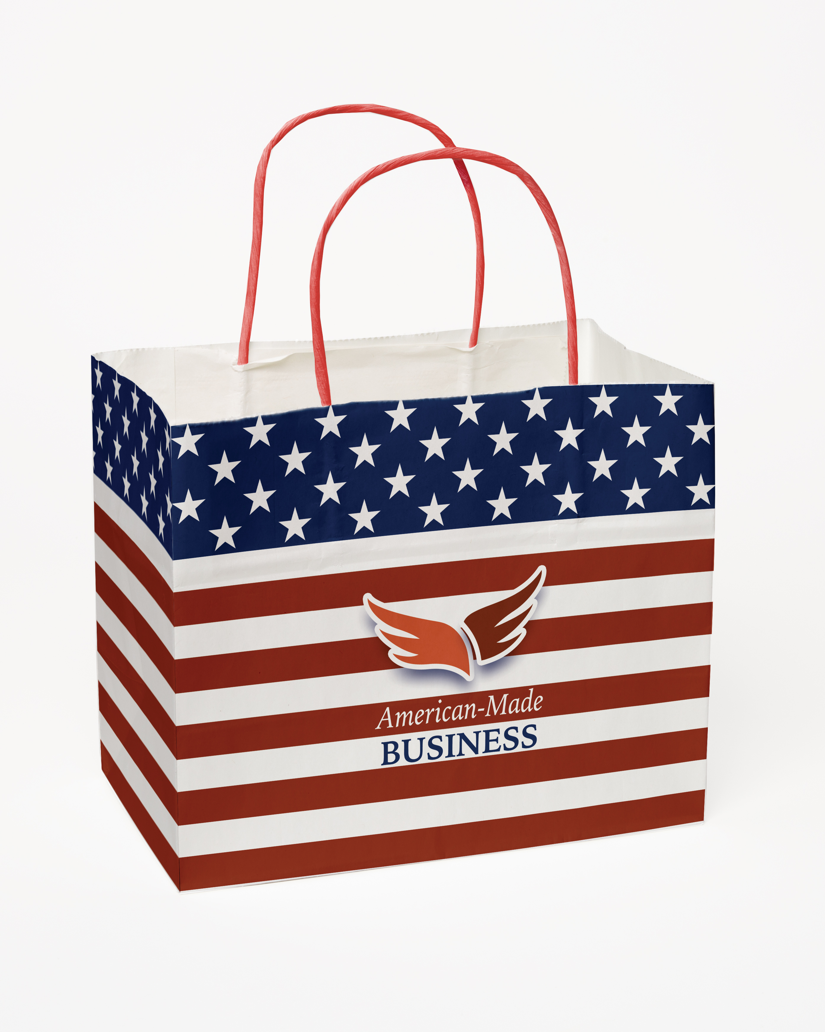 Multi-Sided Full Color White Shopper Paper Bag - Red Handle (8.5"x 7.25"x 5")