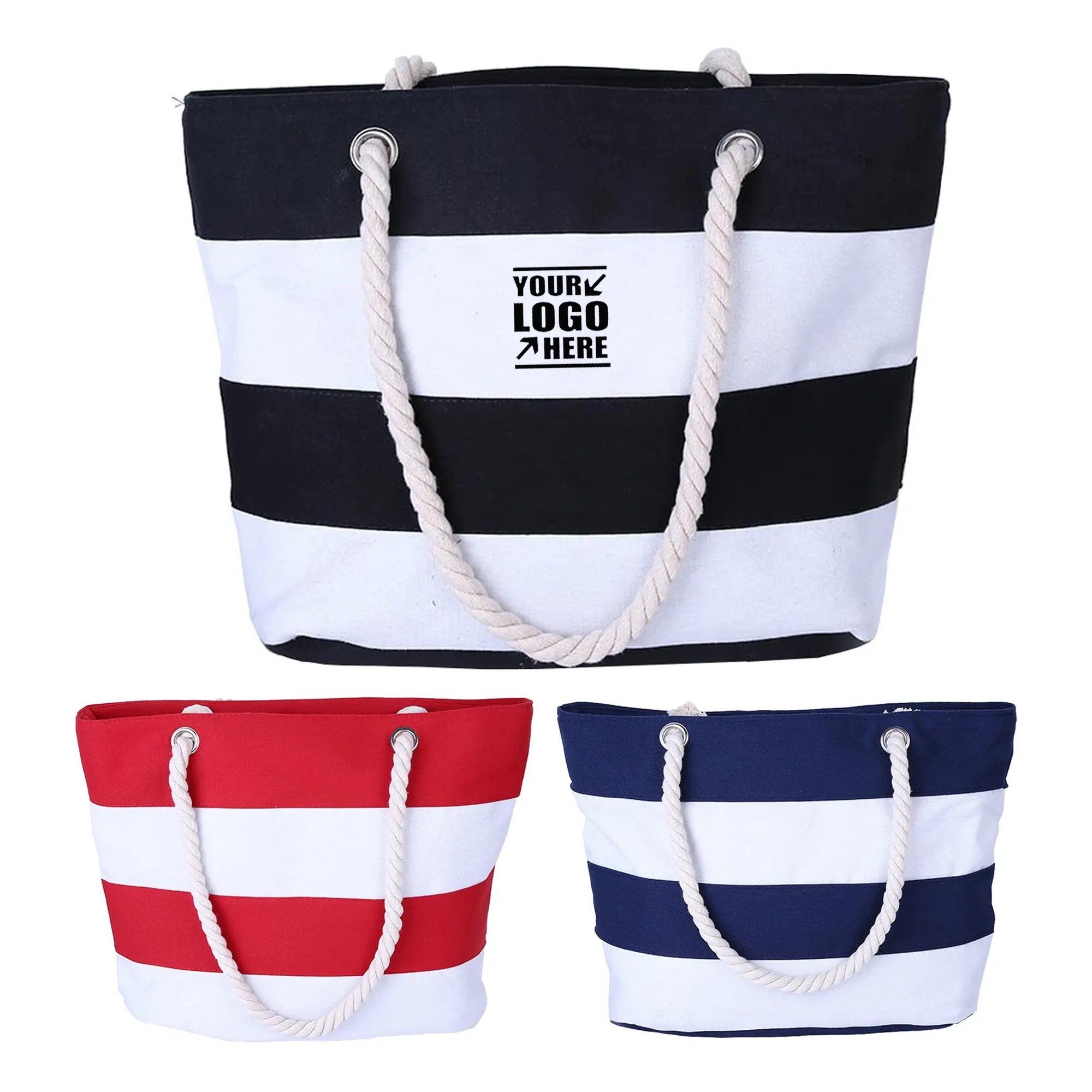 Large Beach Bag with Inner Zipper Pocket and Rope Handle, custom tote bag with logo imprint 3