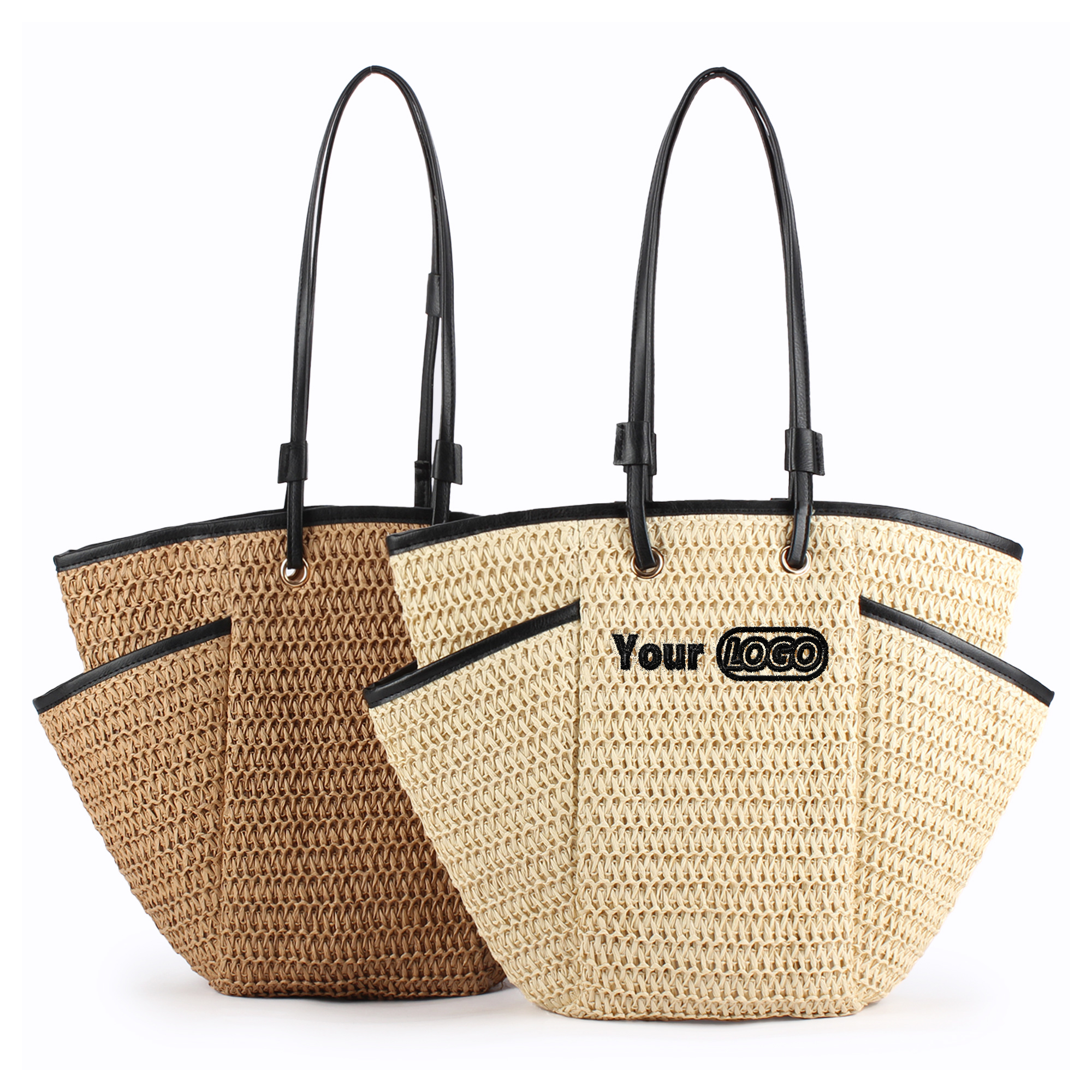 Large Straw Beach Tote with Side Pockets, custom tote bag with logo imprint 2