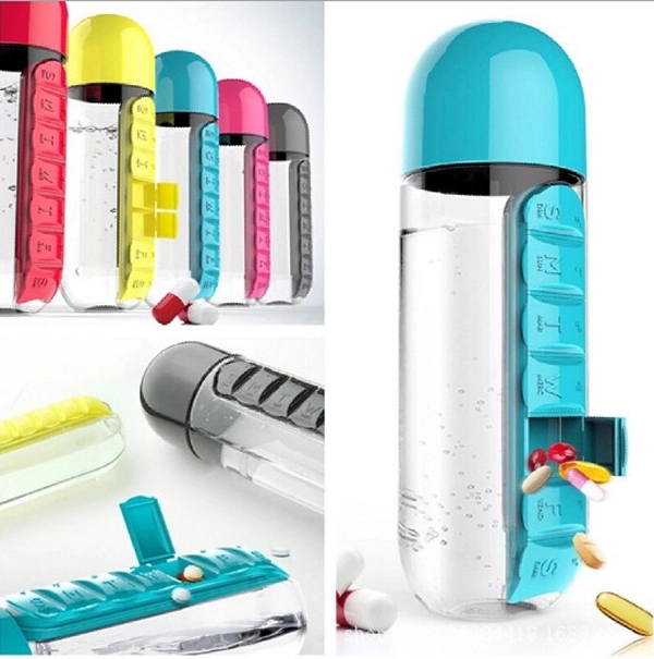 600ML Clear Water Bottle Combine Daily Pill Boxes 2