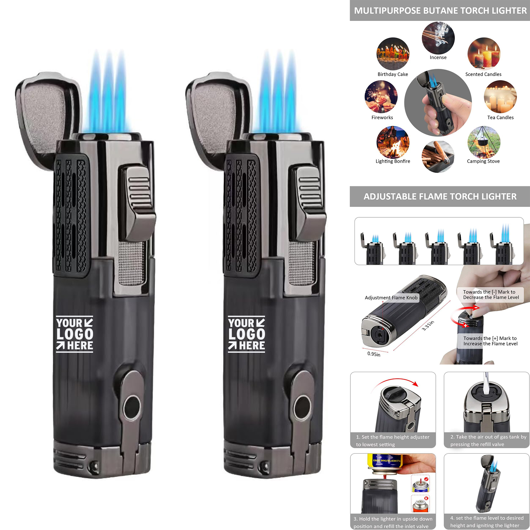 Windproof Butane Refillable Triple Jet Flame Torch Lighter 2