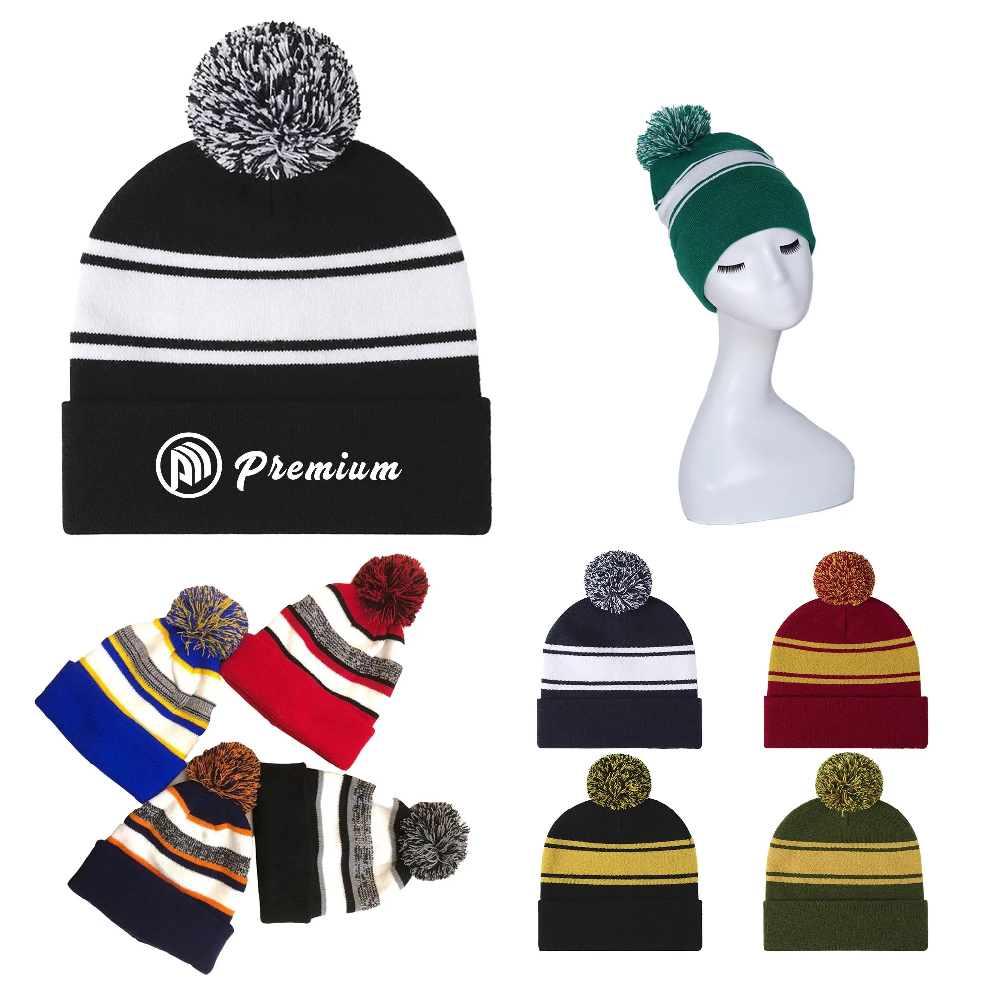 Two-tone Knit Pom Beanie With Cuff