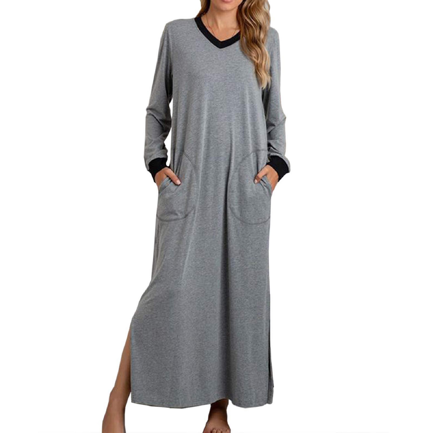 Womens Long Dress V Neck Nightshirts Side Slit 10
