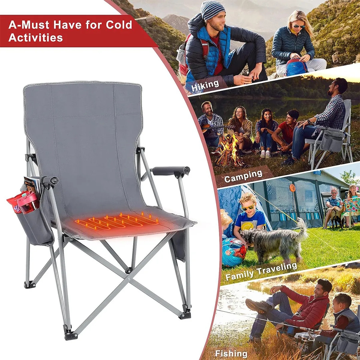 USB Heated Portable Folding Camping Lawn Chairs with Armrest 6