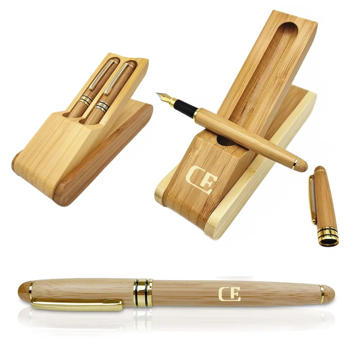 Bamboo Fountain/Rollerball Pen Set with Gift Case 7
