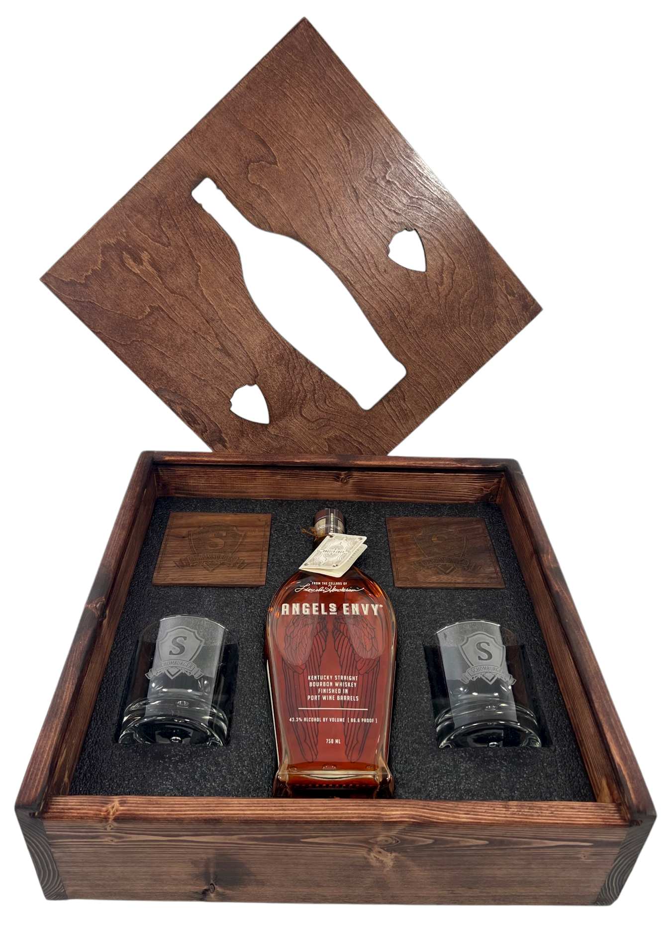 Wood Gift Box w/ Custom Lid. Etched Glass & Coaster Set (2) 2
