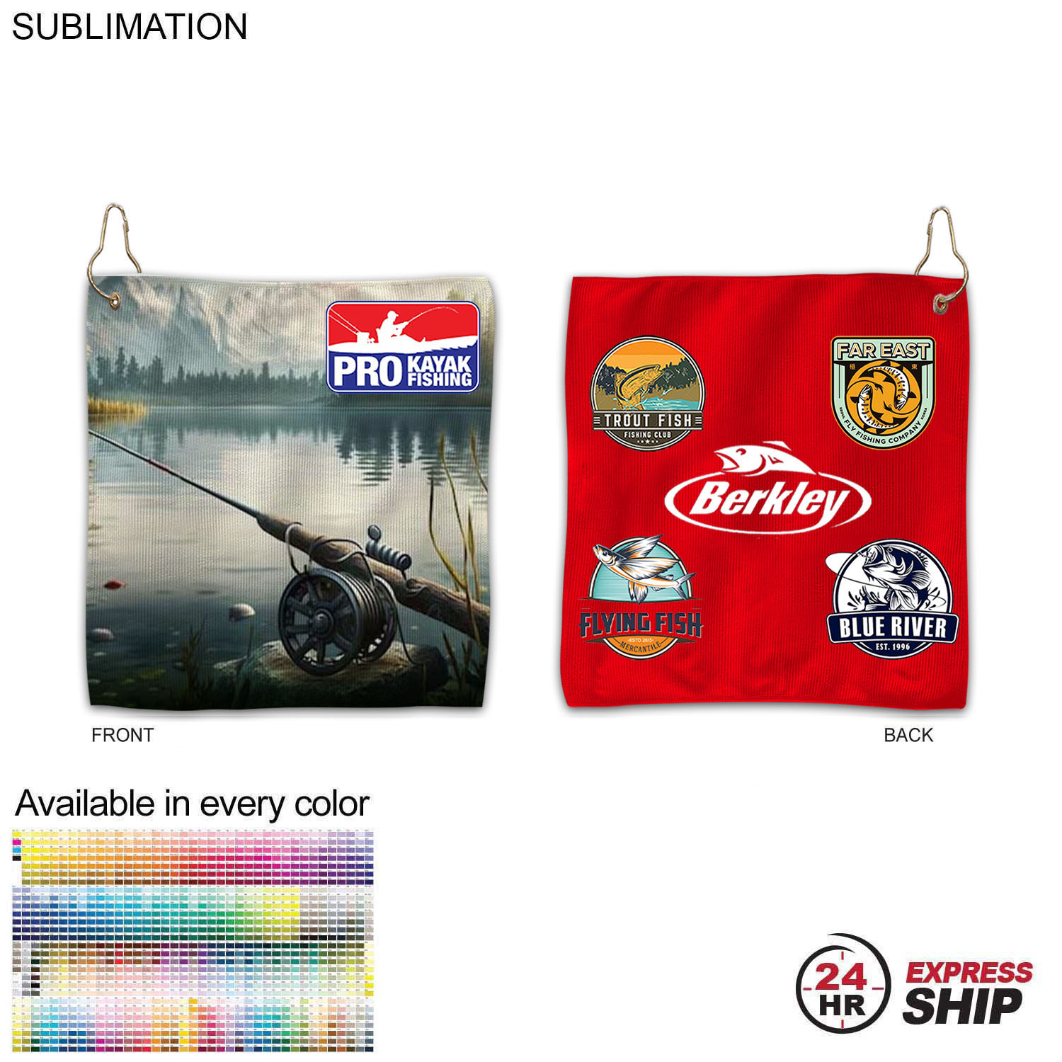 24Hr Express Ship - Colored Microfiber Dri-Lite Terry Fishing Towel, 10x10, Nofold Grommet & Hook 8