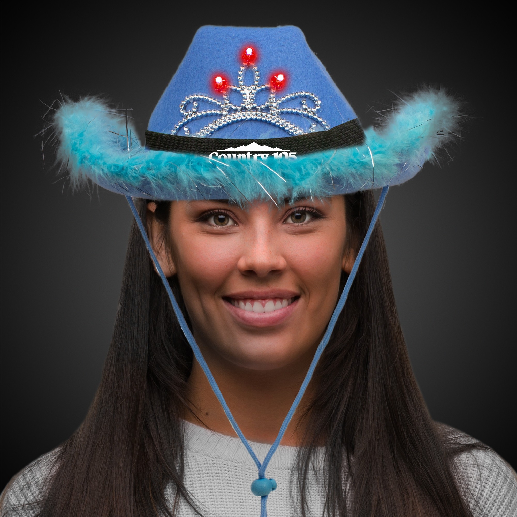 Blue Light Up Cowboy Hat w/ Tiara and Feather(Black Imprinted Band) 4