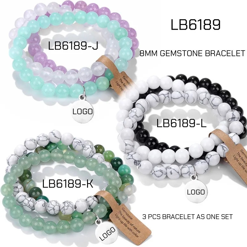 BULK Round Beaded Gemstone Bracelets Wholesale 3 PCS Set 7