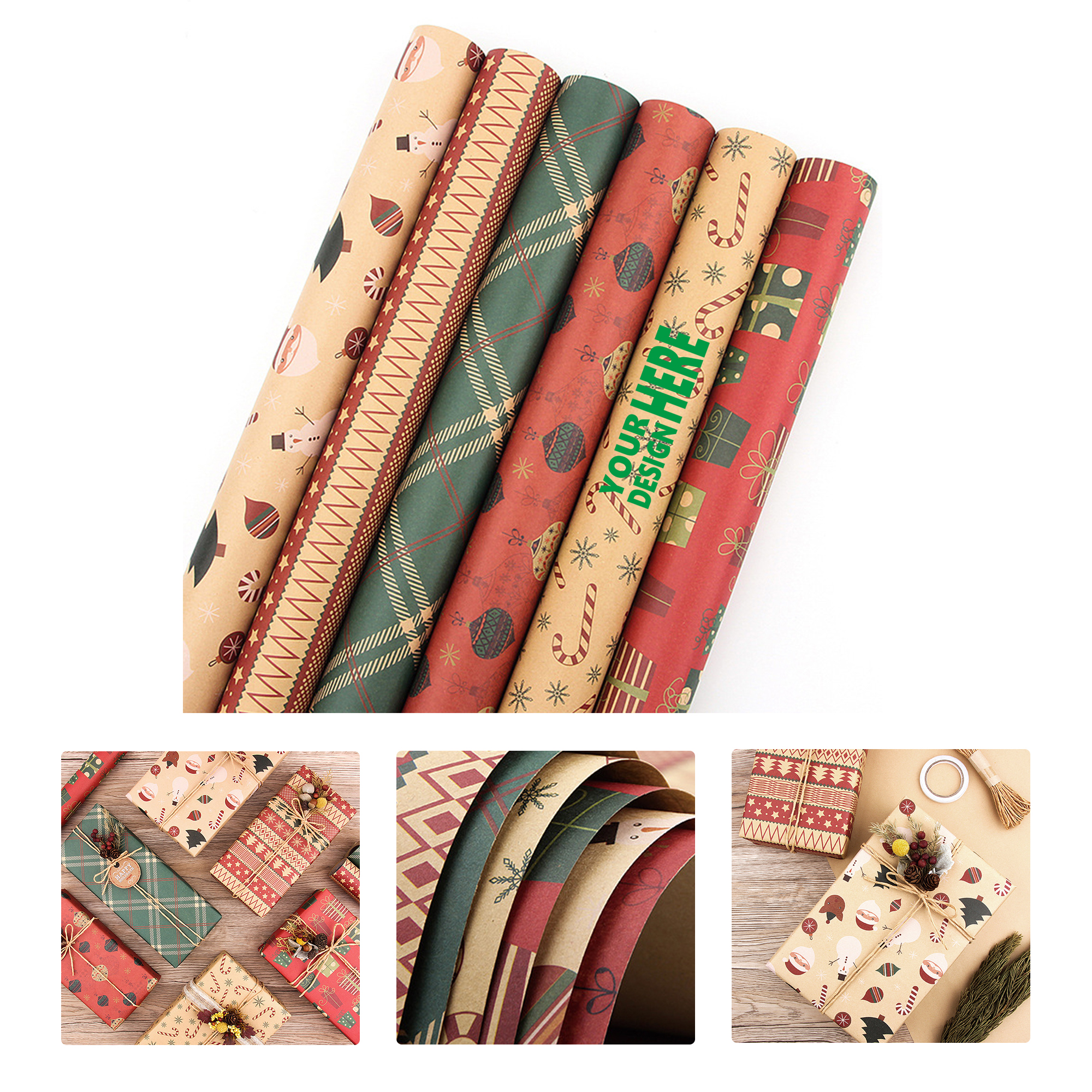 MOQ50 Vintage Christmas Kraft Gift Wrapping Paper Set 2