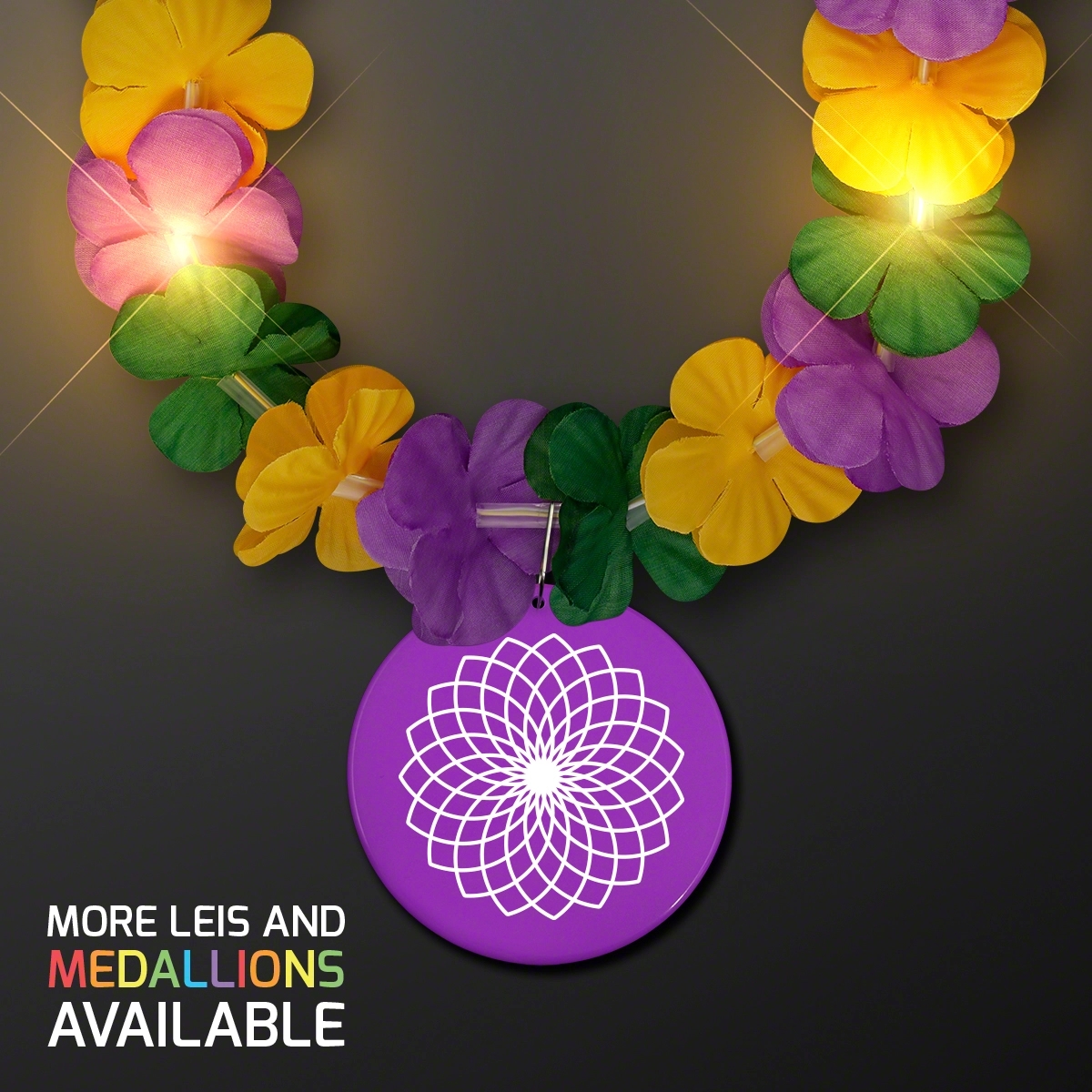 Mardi Gras Lei Light Up Flower Necklace with Medallion 3