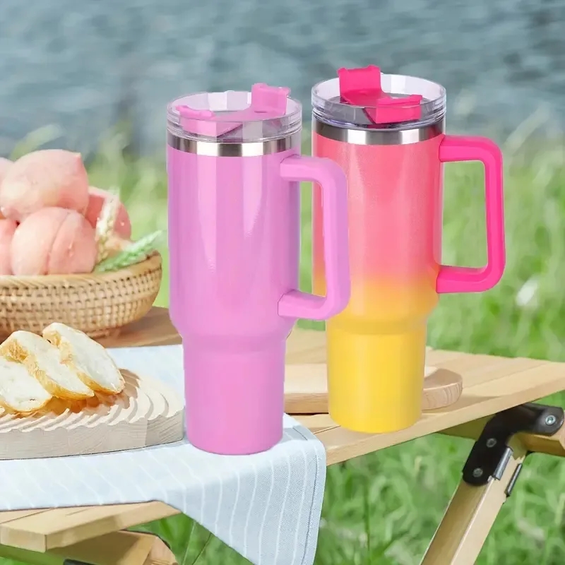 40oz Portable Rainbow Gradient Car Tumbler With Handle Straw 16