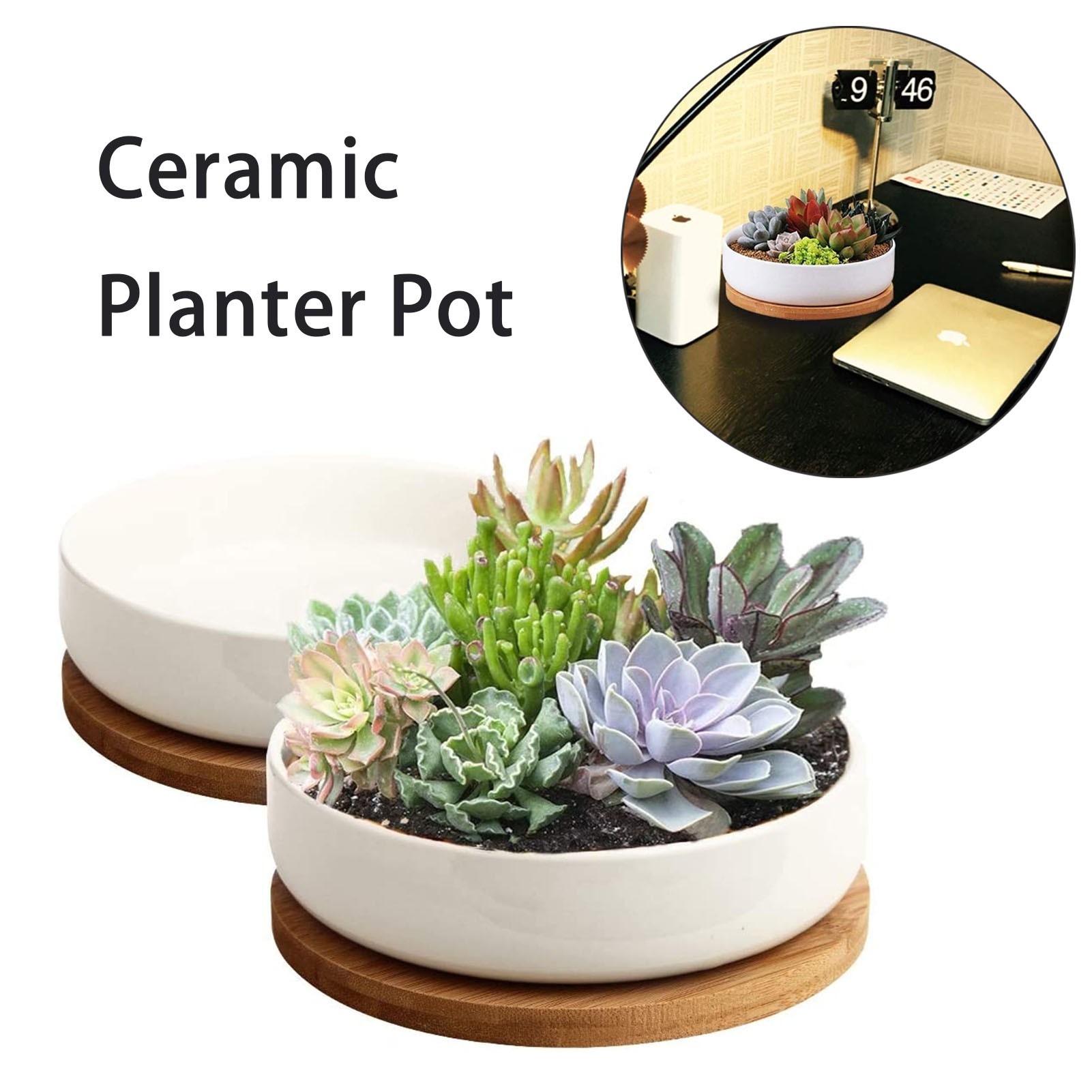 6 inch White Ceramic Flower Planter Pot with Bamboo Tray 3