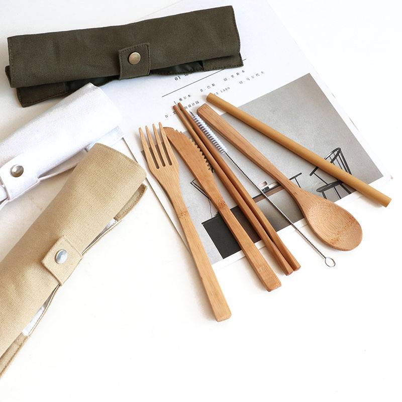 Outdoor Bamboo Travel Cutlery Set With Canvas Bag 2