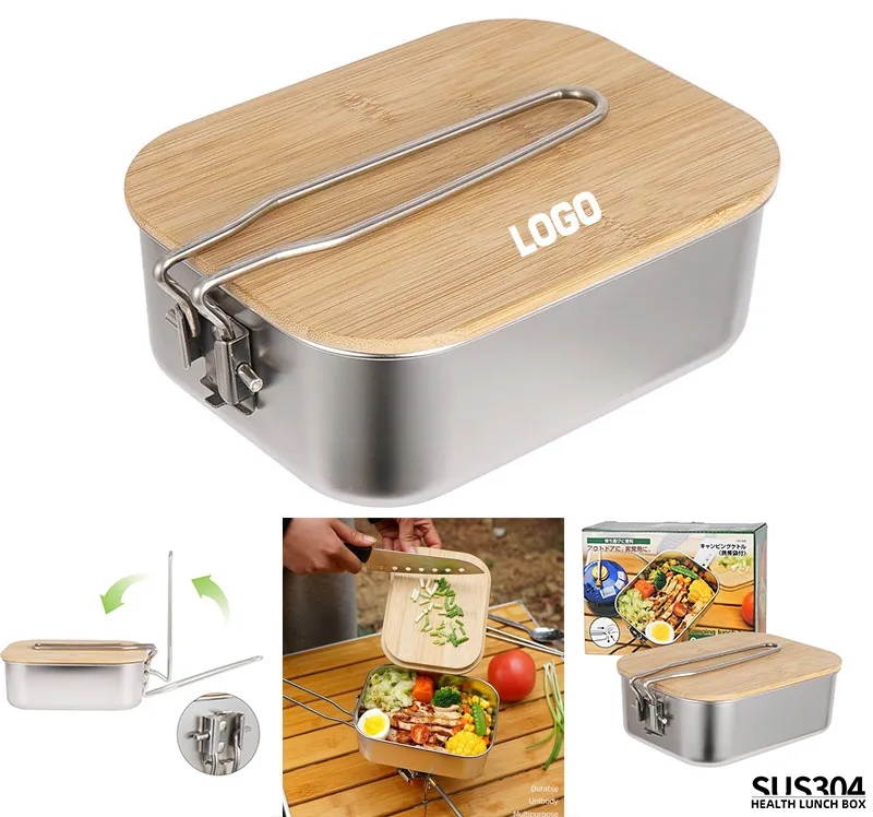 Custom Logo Stainless Steel Bento Box for Camping with Bamboo Lid Wholesale 4