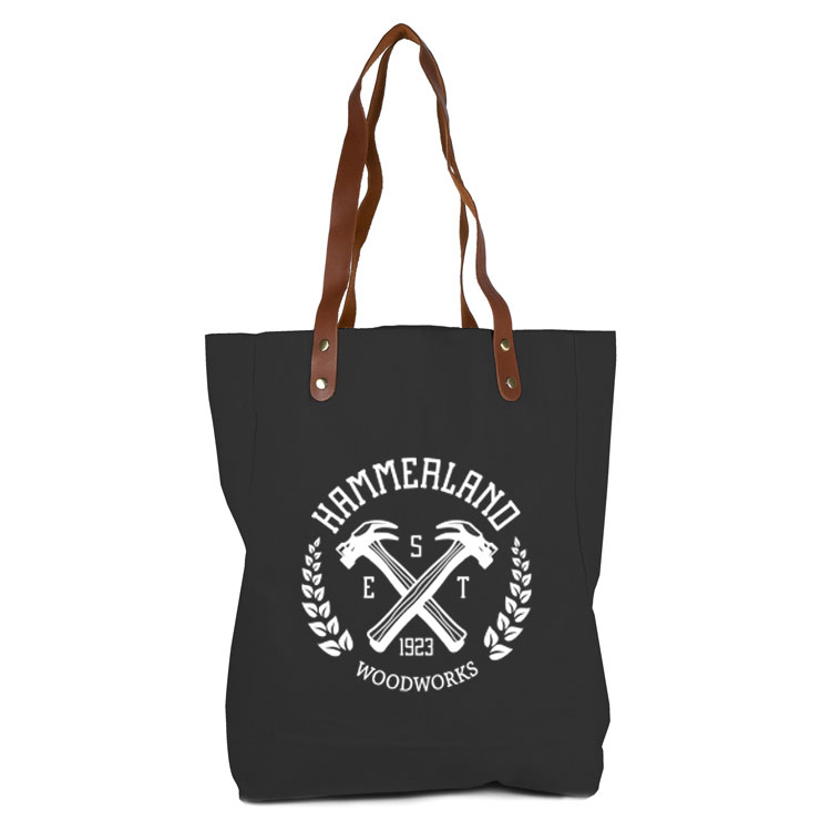 Super Sale- Black Real Leather Handle Cotton Tote 5