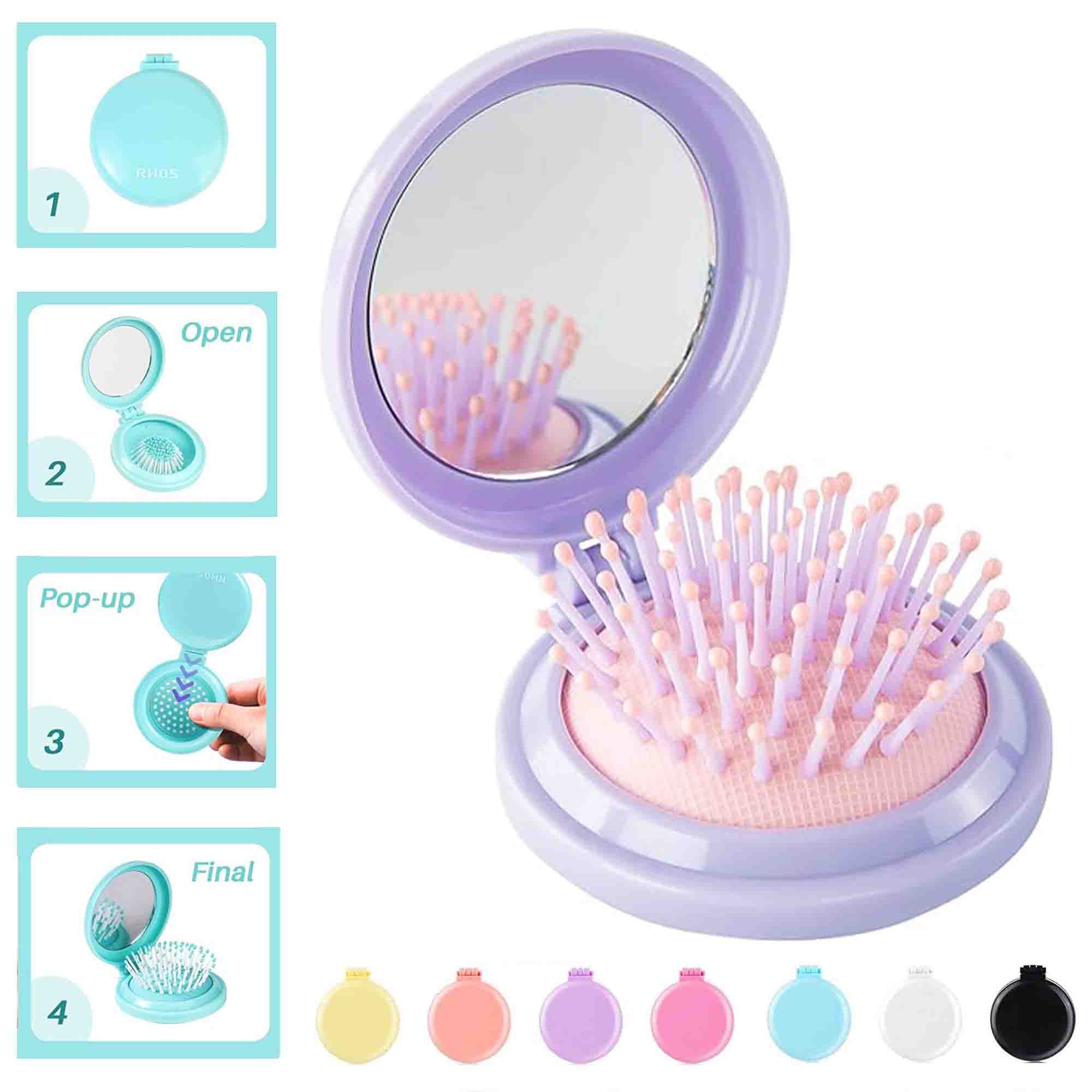 Folding Portable Travel Round Wet Dry Hair Brush with Mirror 2