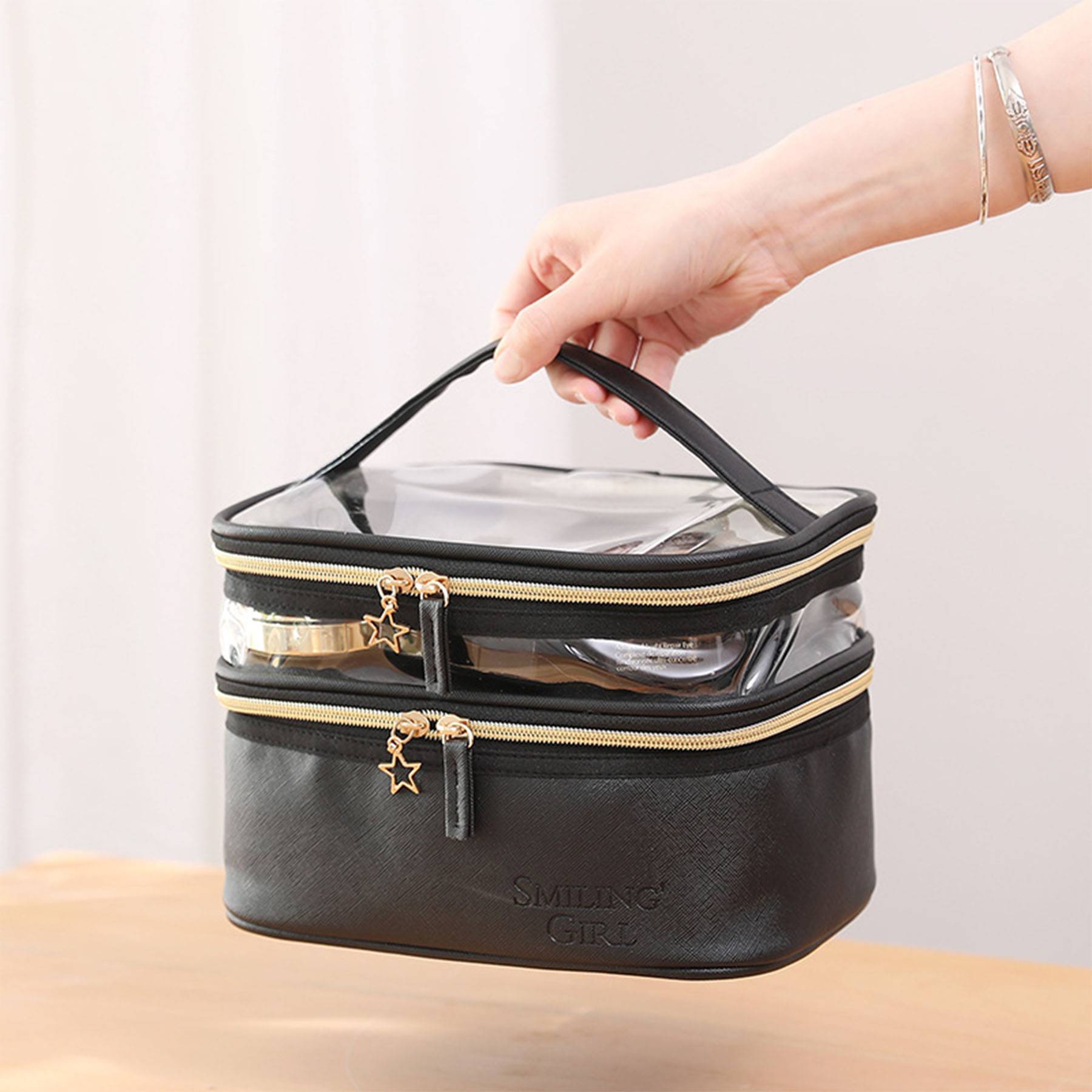 PU Leather Black Double Layer Cosmetic Bag 5