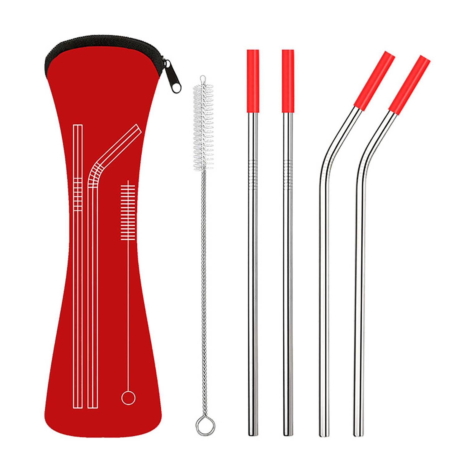 Silicone Tips Stainless Steel Straws Set w/ Bag 12