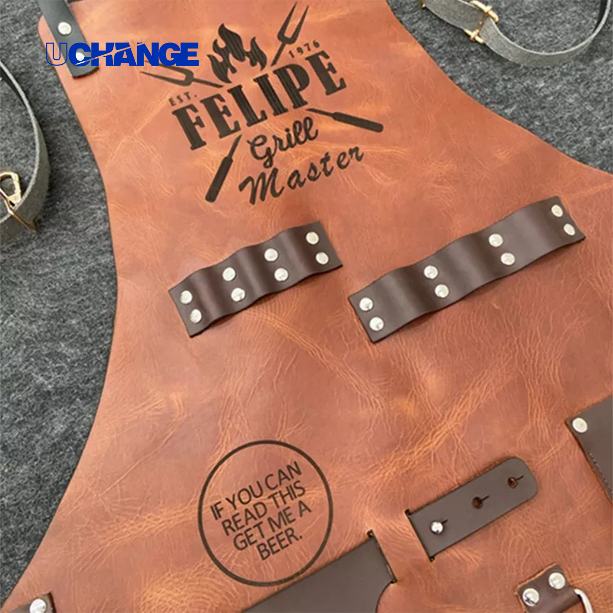 PU Leather BBQ Apron with Bottle Holder & Pockets 3