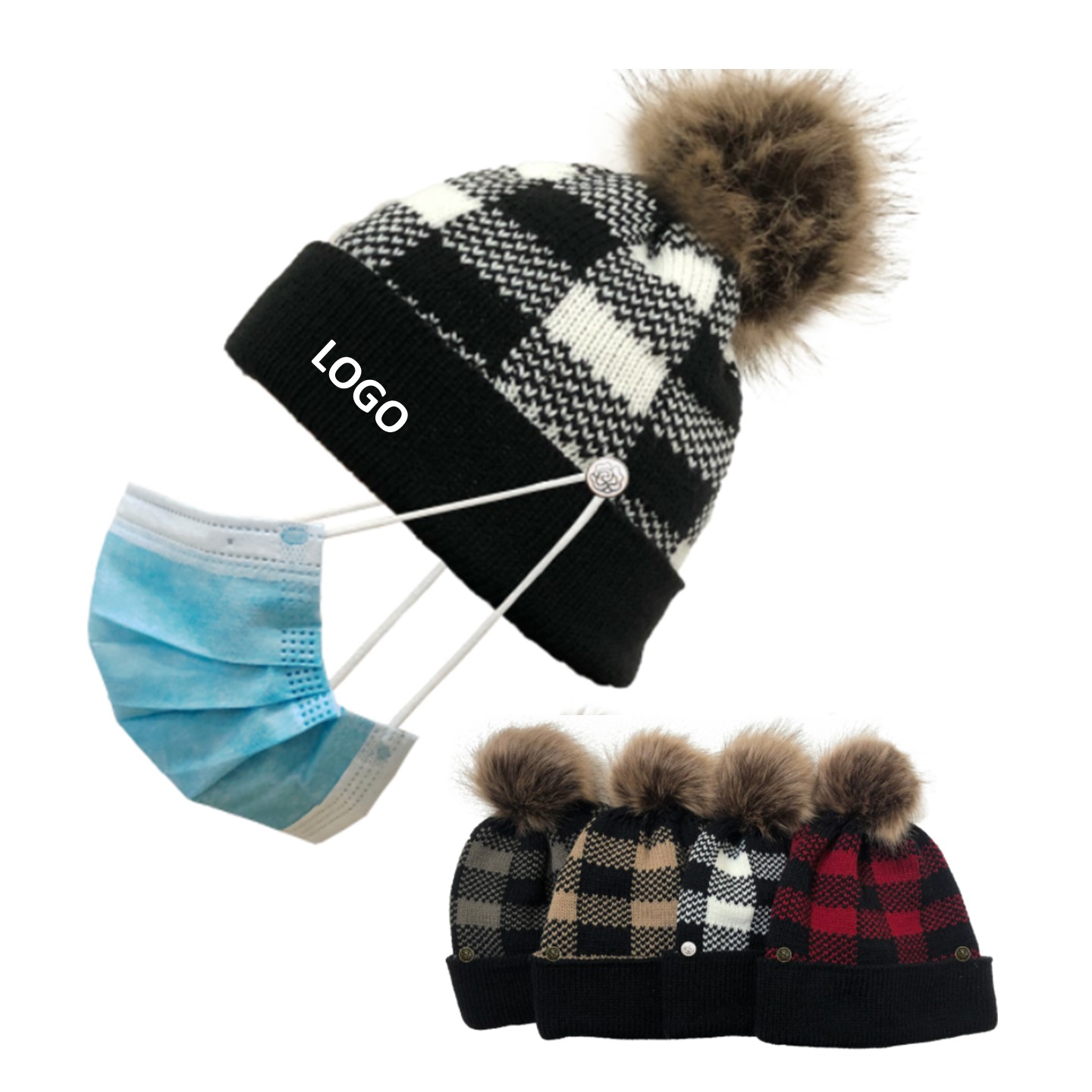 Knitted Beanie with Mask Button and detachable Pompom 2