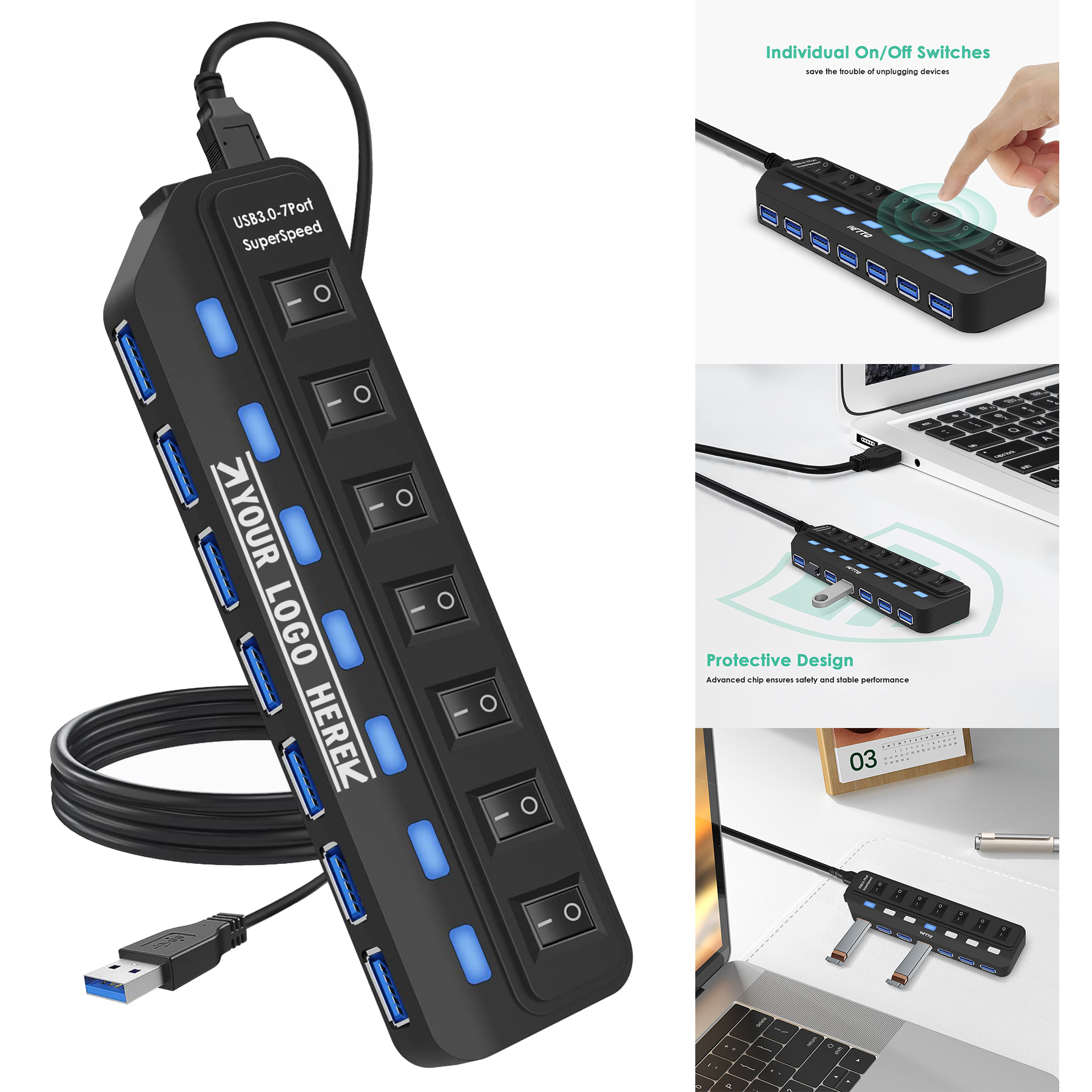 USB Hub 3.0,7-Port USB Hub USB Splitter With Individual LED Switches 2