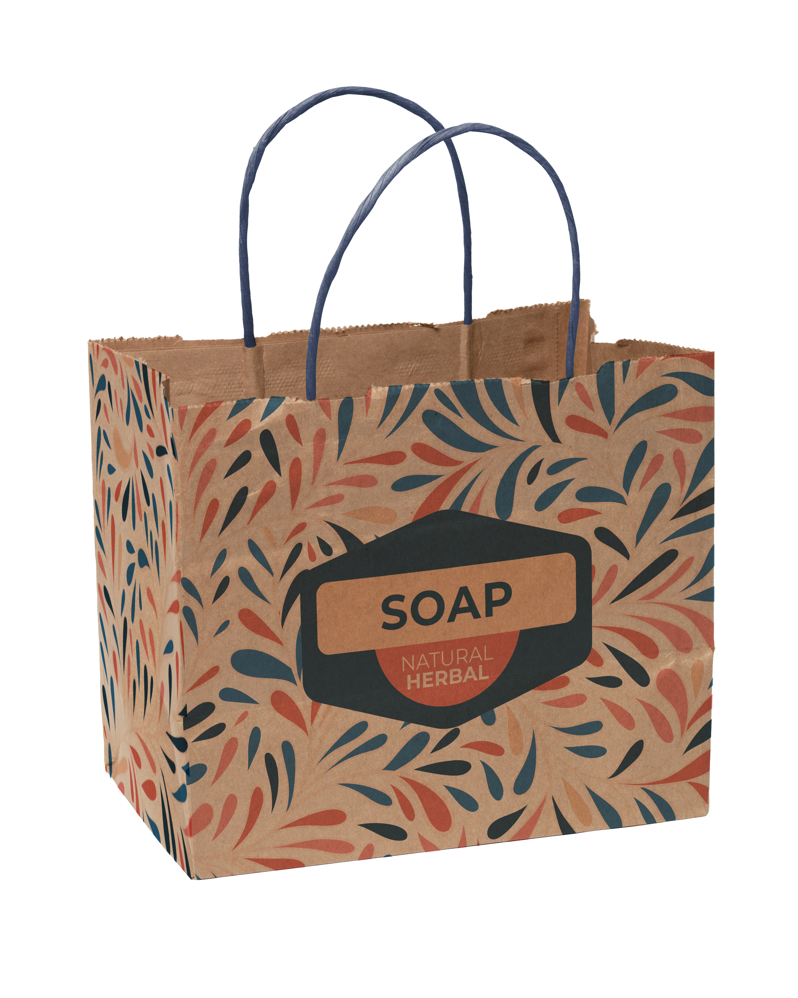 Multi-Sided Full Color Natural Shopper Paper Bag - Blue Handle (8.5"x 7.25"x 5")