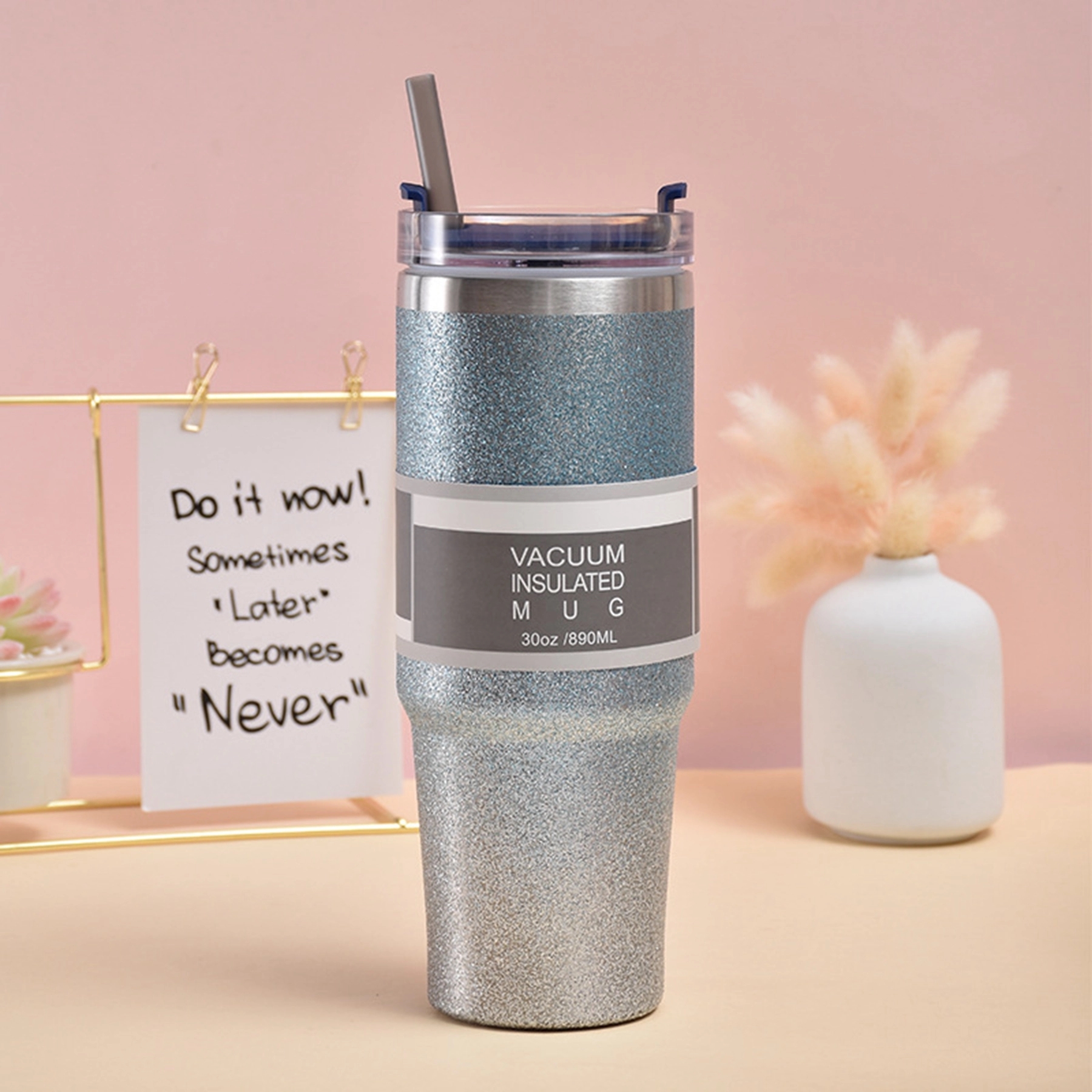 30oz Double Wall Glitter Coffee Tumbler with Straw & Lid 8