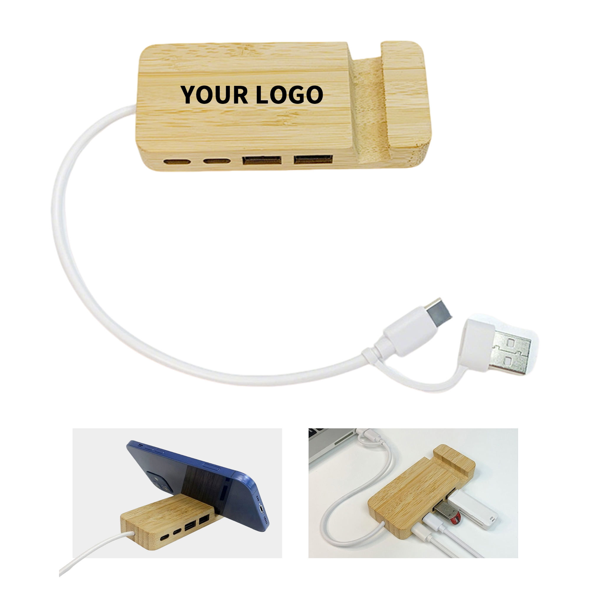 Bamboo Desktop Phone Stand With Multi Port Data Hub 9.9" Length 2