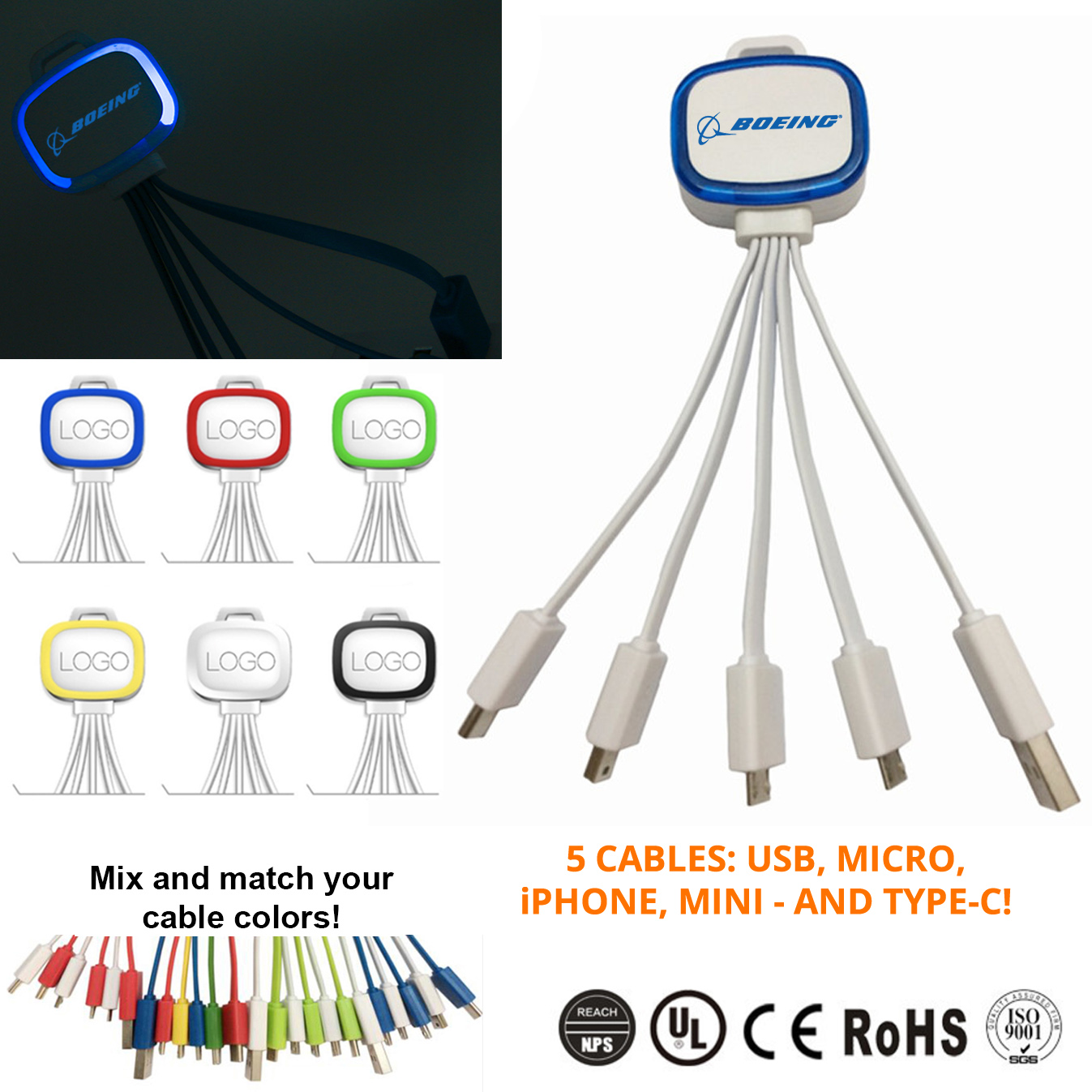 Light Up 5-In-1 Mobile USB Charging Cables - W/ Type C 8