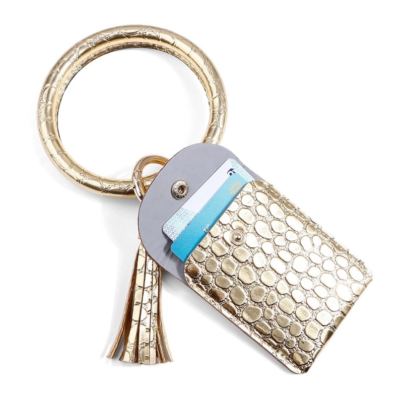 PU Leather Tassel Bracelet ID Credit Cards Holder Keychain 4