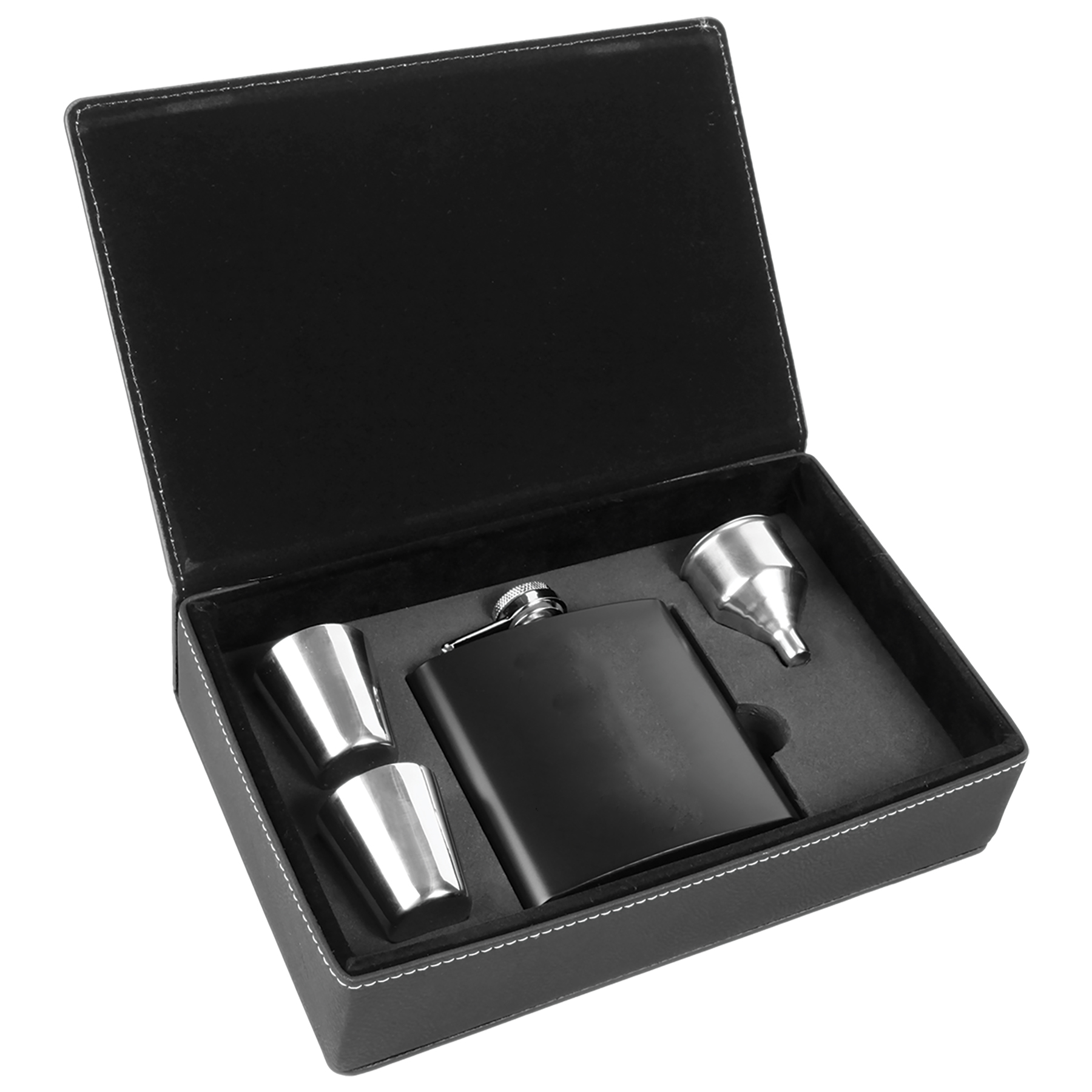 6oz. Black Stainless Steel Flask Gift Set w/ Leatherette Gift Box 2