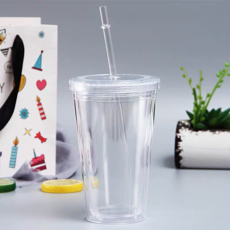 Custom 16oz Double-wall Plastic Cups with straw 2