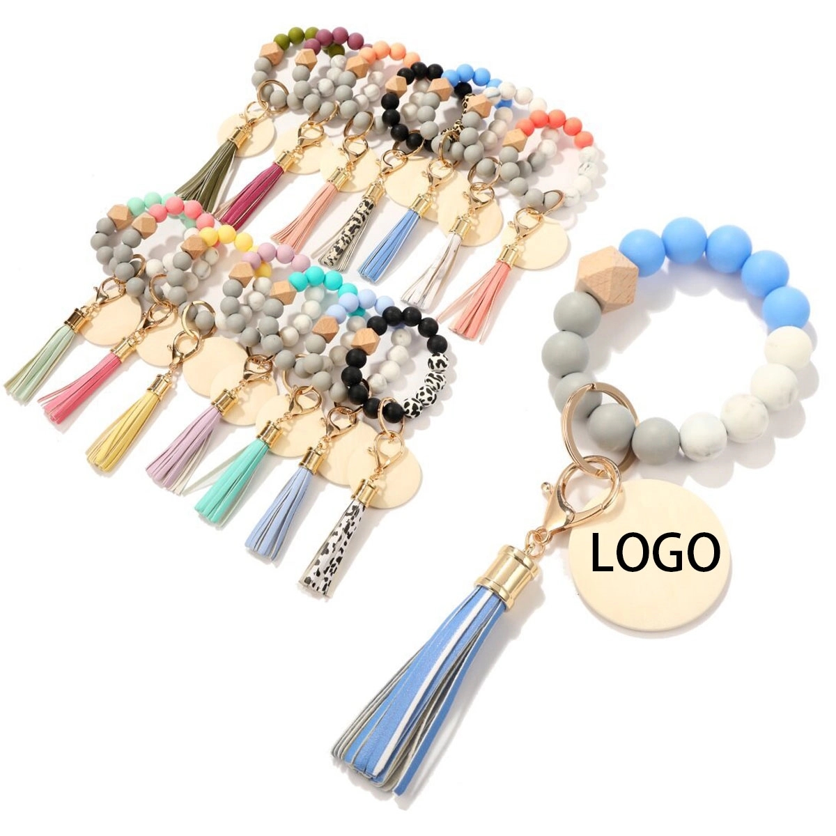 Silicone Beads Wood Chip Bracelet Keychain 4