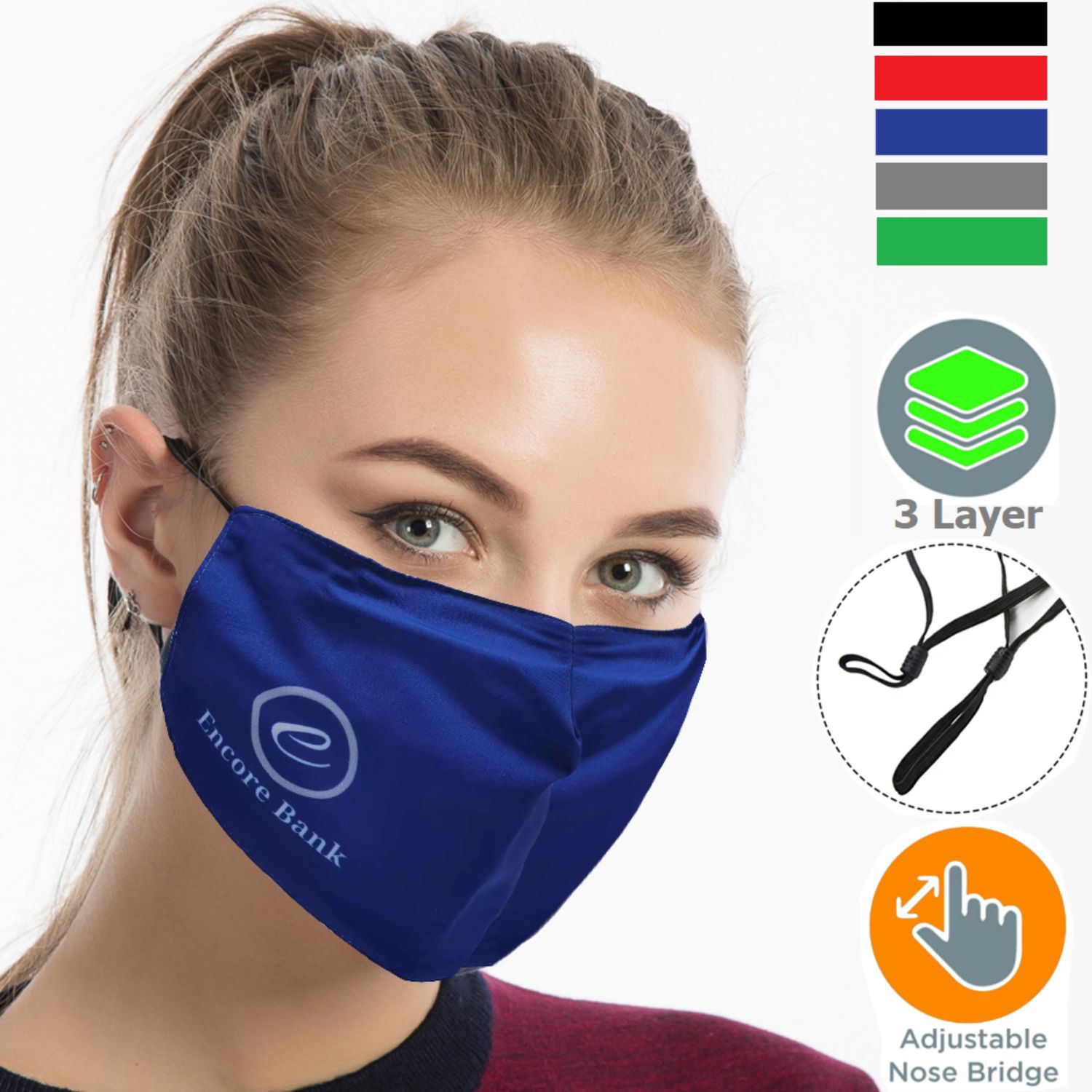 Performance 3 Layers Face Mask w/ Nose Bridge, adjuster loop 5