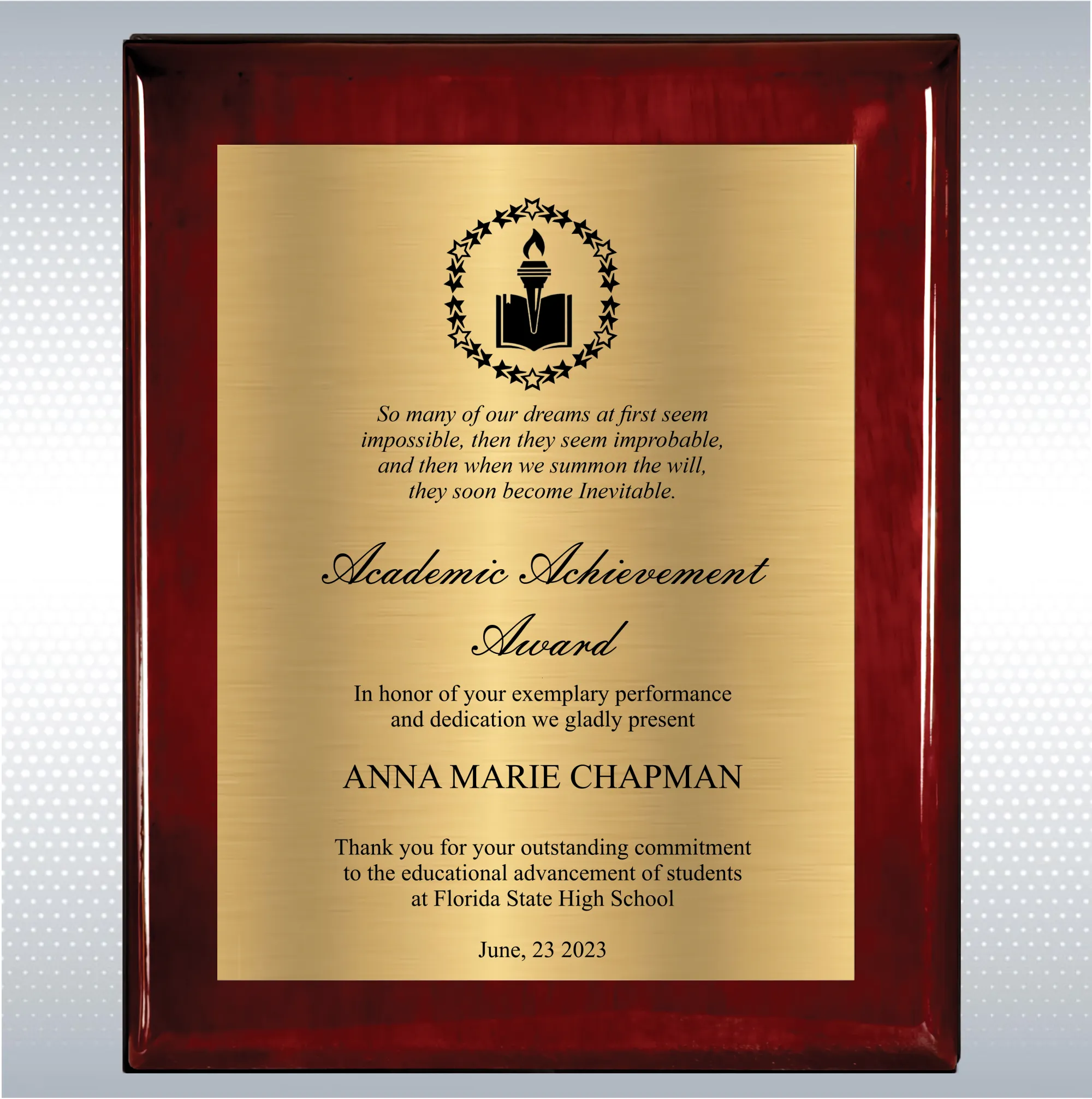 Rosewood Piano Finish Wood Plaque Academic Achievement 14