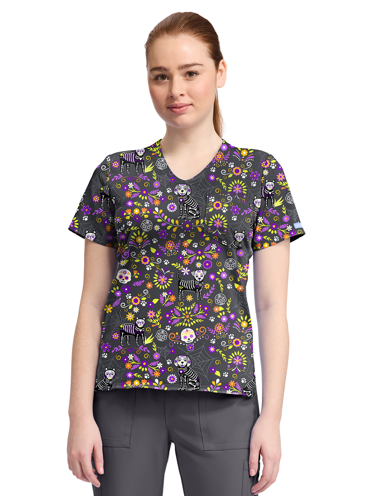 Cherokee - Genuine - Women's 1-Pocket Print High-Low V-Neck Scrub Top 13