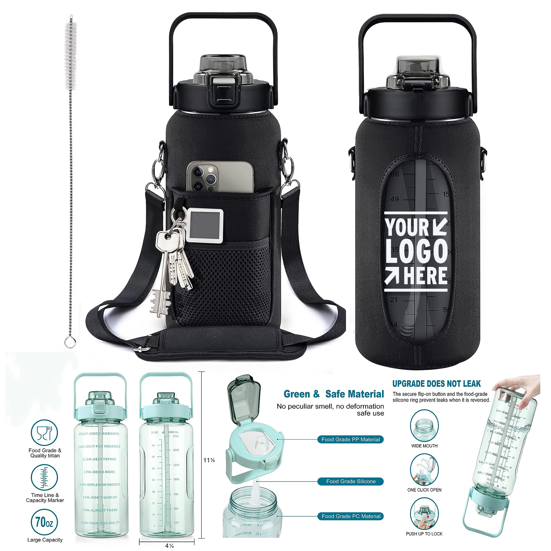 64oz Inspirational Half Gallon Drinkable Leak-Proof Tritan BPA-Free Water Bottle With Sleeve Straw 2