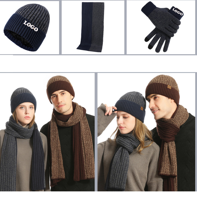 Unisex Winter Knitted Beanie Hat Scarf Touchscreen Gloves Set 2