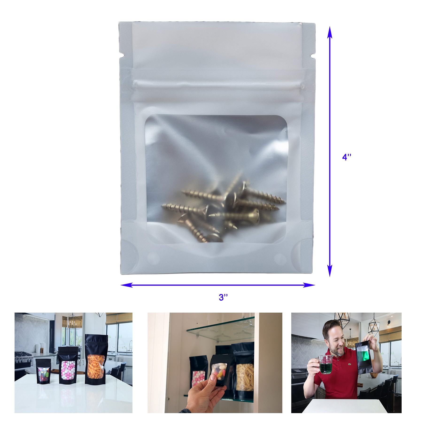 3 x 4 inches Mylar Resealable Foil Pouch Bags with clear Window 3