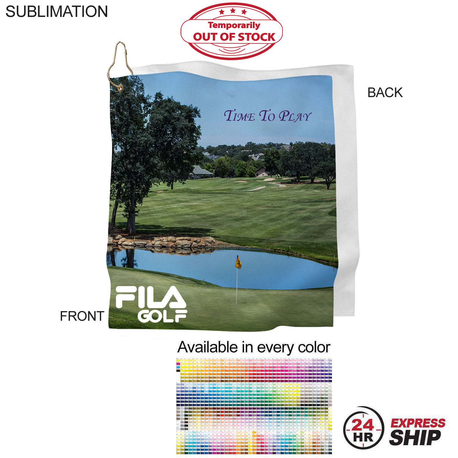 24Hr Express Ship- Microfiber Suede Shammy Golf Towel, Finished size 15x15, Sublimated 3