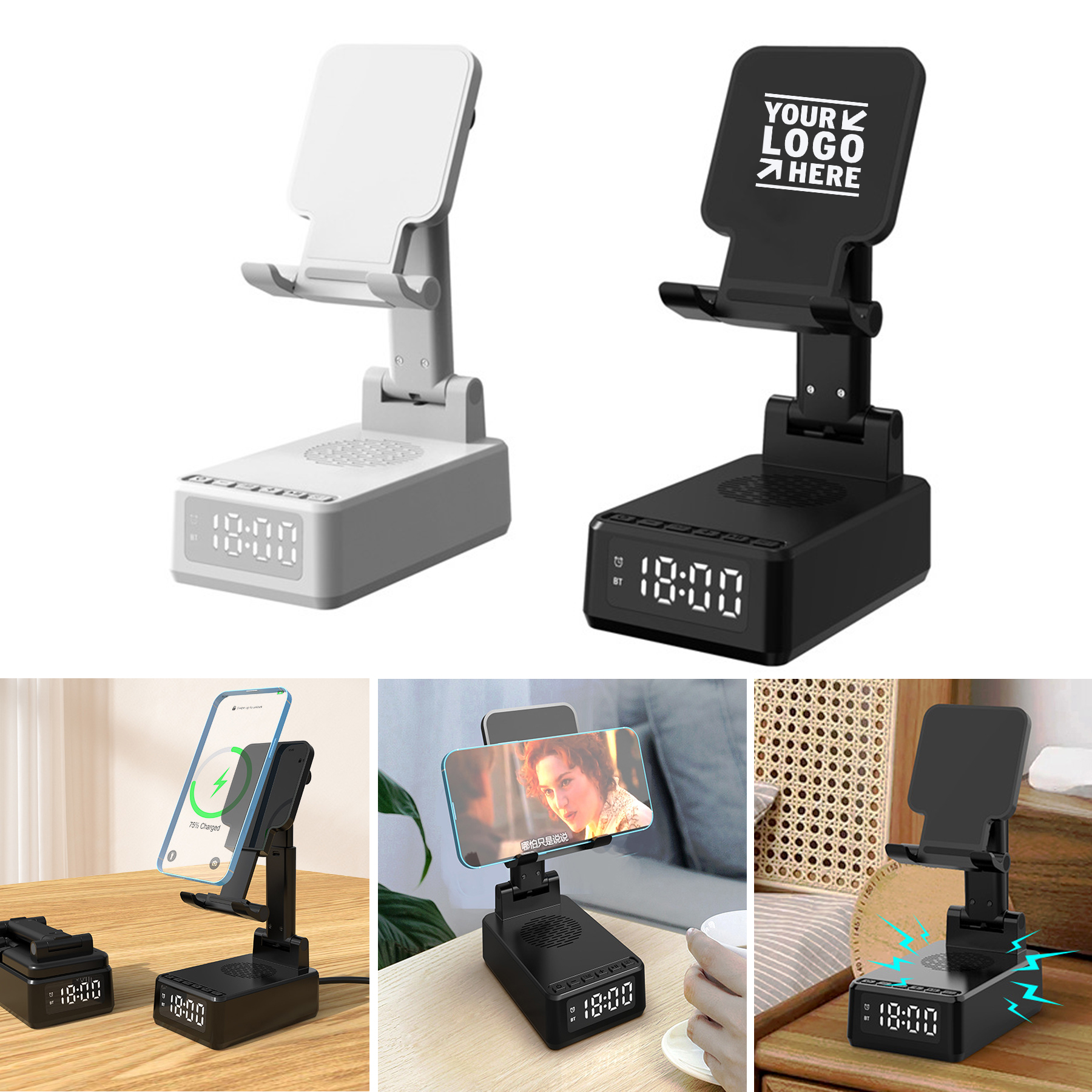 3 in 1 Loud Alarm Clock Cell Phone Stand TF Card Reader 12H Display Wireless Bluetooth Speaker 1