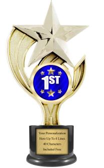Trophy: 9", 3.5" black round base, Holder w/mylar 2