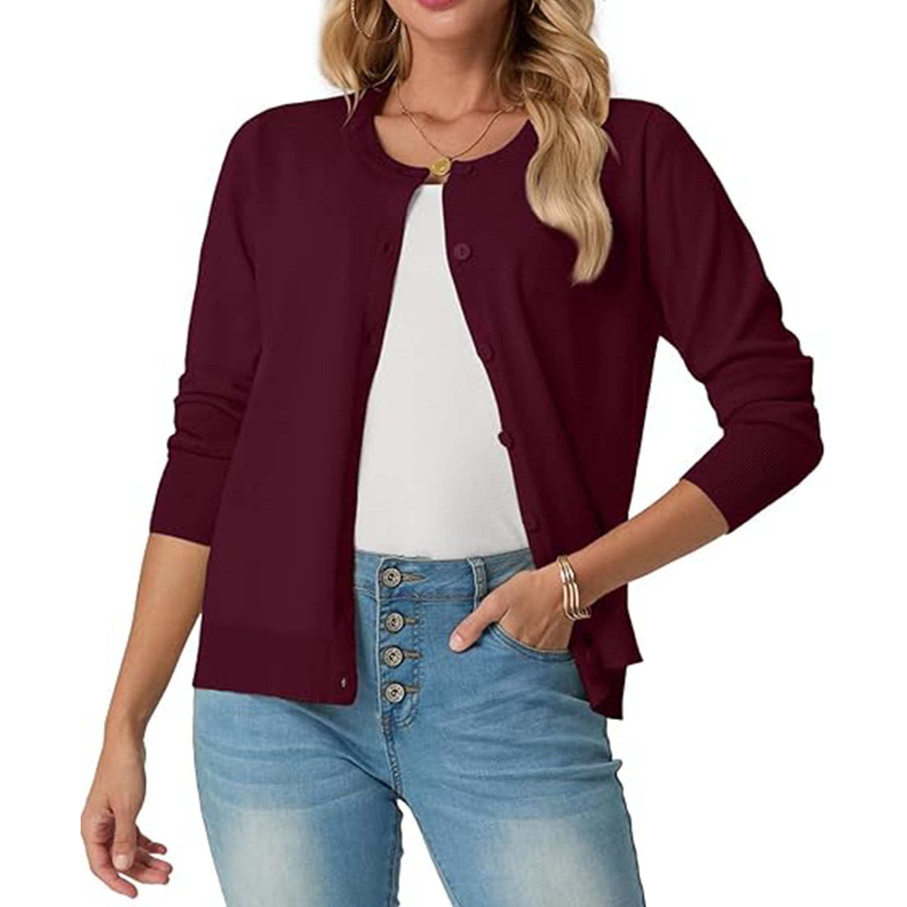 Women's Long Sleeved Lightweight Round Neck Casual Cardigan 18