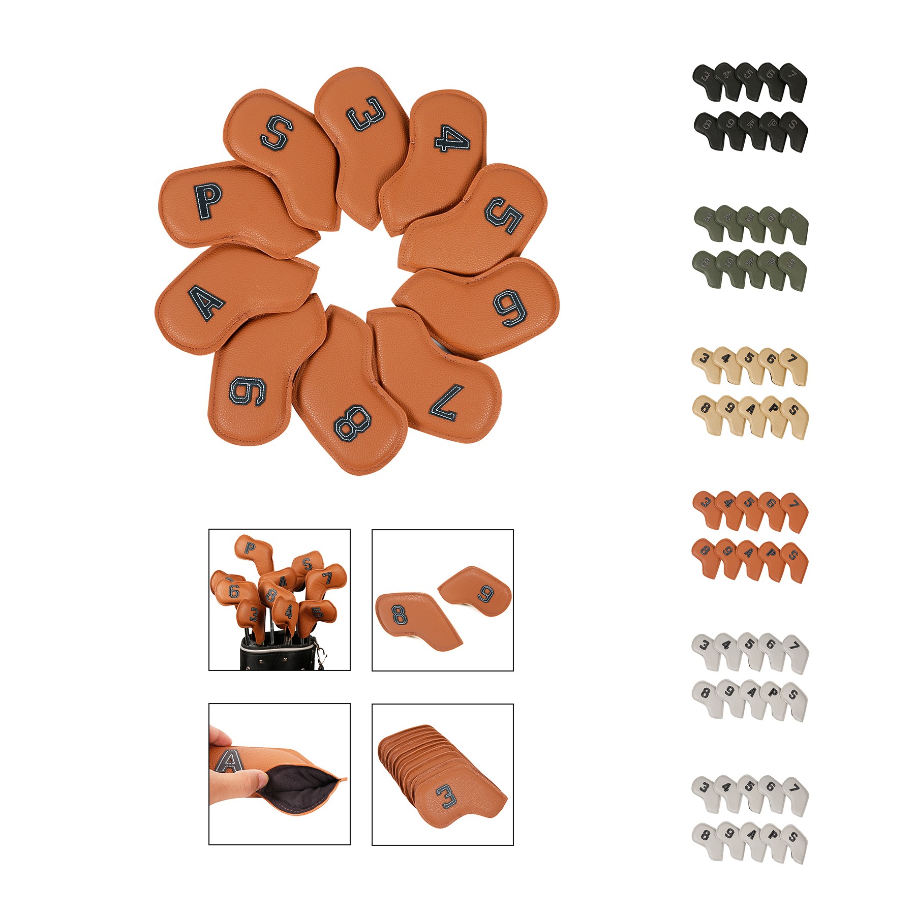 Thick PU Leather Golf Iron Head Covers Set