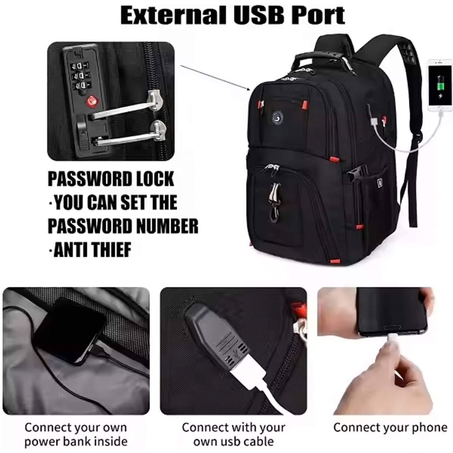 50L PVC Large Capacity Travel Backpack w/ USB Port 4