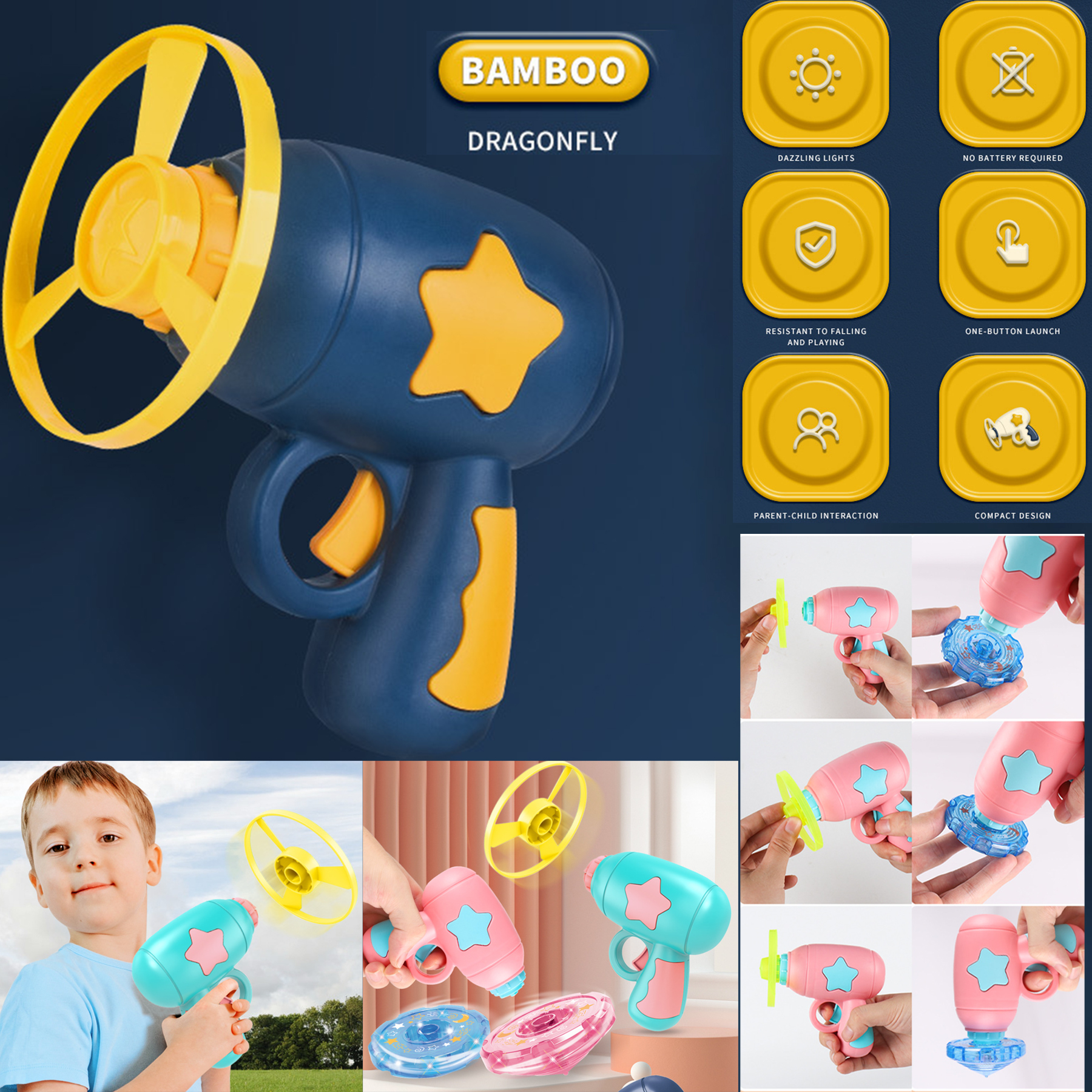 Bamboo Dragonfly Gun Pistol Toy Light Up Spinning Tops Gun for Kids 2