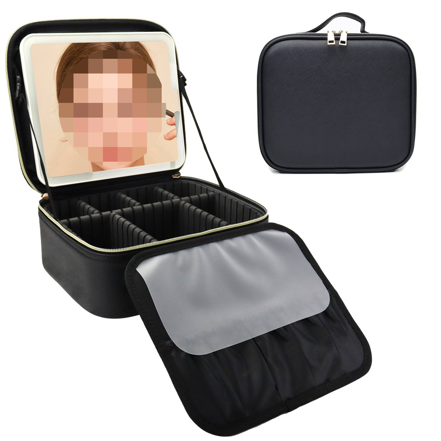 PU Leather Travel Cosmetic Bag w/ LED Mirror 2