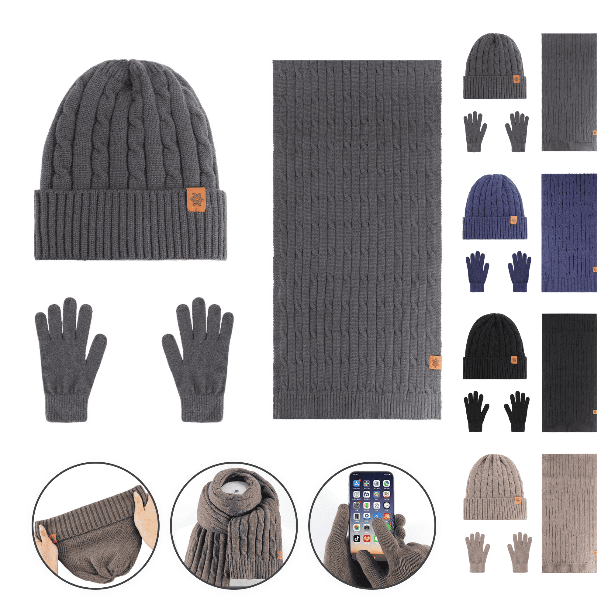 Winter Knitted Hat Scarf Touchscreen Glove Set 3